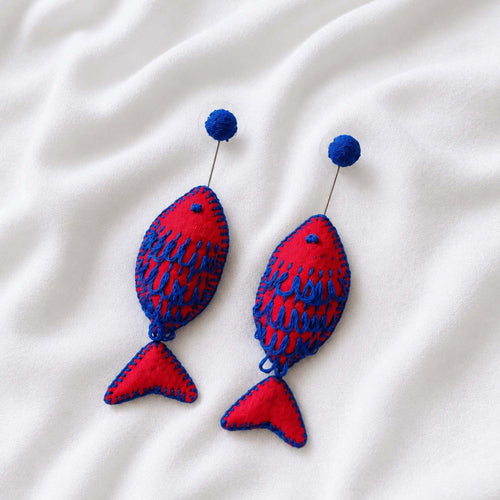 Rui Collection featuring handcrafted fish-inspired textile earrings by Paulami Saha