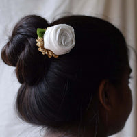 Model wearing the rose inspired Rosy Fabric handcrafted juda stick 