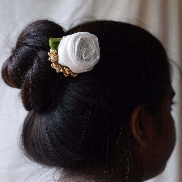 Model wearing the rose inspired Rosy Fabric handcrafted juda stick 