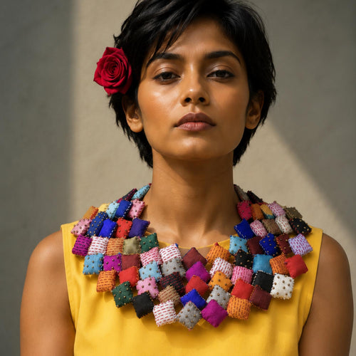model with short dark hair wearing a statement Tejaswini colorful patchwork bib-style necklace, with a red rose tucked into her hair, against a neutral gray background.